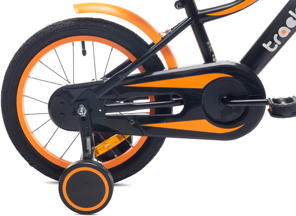 Rower dziecięcy SUN BABY Tracker 16 cali dla chłopca Pomarańczowy koła 16-calowe szerokie opony MTB z głębokim bieżnikiem boczne kółka łańcuch ukryty pos stylową osłoną błotniki nad oboma kołami regularne sprawdzanie ciśnienia powietrza wartość na bocznej części opony