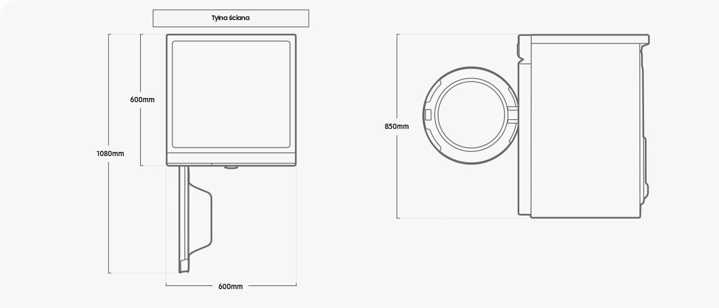 Graficzny schemat podający wymiary suszarki Samsung DV90BB9445GM z oferty Media Expert