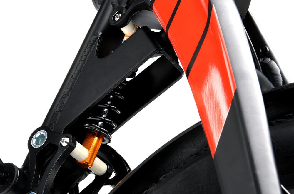 Rower elektryczny DUCATI Scrambler SCR-E GT U17 20 cali Czarno-czerwony rower full rowerz pelna amortyzacja wiekszy komfort wygodniejsze kierowanie przedni amortyzator marki MOZO typ FAT-40-20 tylny amortyzator sprezynowy marki SM typ SM-FA06 reducja drgan na kierownicy rownowaga stabilnosc