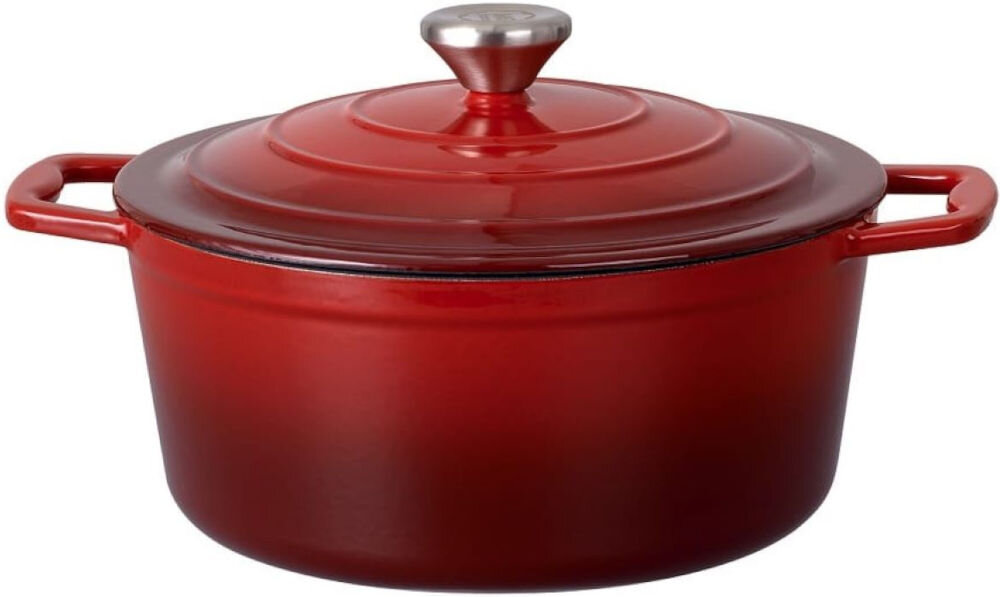 Garnek MG HOME Infinito 20 cm czerwony garnek zamknięty pokrywką białe tło uchwyty na wszystkich typach kuchenek indukcyjne gazowe elektryczne wszechstronny wybór do każdej kuchni solidna konstrukcja emalia odporna na wysokie temperatury trwałość różne warunki klasyczny design do każdej aranżacji kuchennej wygodne uchwyty łatwe przenoszenie i użytkowanie  