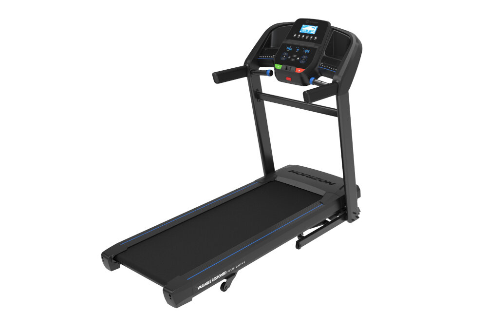 Bieżnia elektryczna HORIZON FITNESS T202-26 system FEATHER LIGHT FOLDING rama powierzchni biegowej jest skladana silne silowniki gazowe zabezpieczaja powierzchnie biegowa przed uderzeniem w podloze