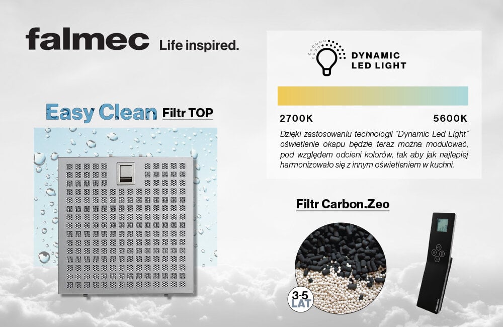 FALMEC Grupa silnikowa 70 metalowy filtr easy clean carbon regeneracja dynamic led light sterowanie oświetlenie odcień kolor