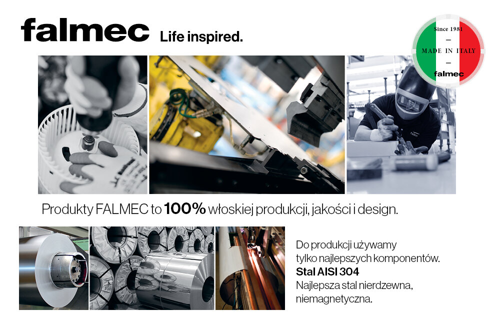 FALMEC Virgola Evo 90 staranność dbałość detale włoska produkcja jakość design stal 