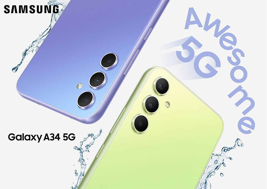 Dwa Galaxy A34 5G pokazane tyłem, jeden w kolorze fioletowym, a drugi w limonkowym. Wokół urządzeń 