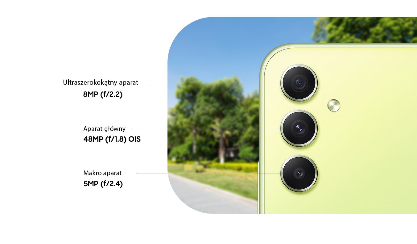 Pokazano przednie i tylne kamery Galaxy A34 5G w Awesome Lime, w tym 13MP F2.2 Front Camera, 8MP F2.2 Ultra Wide Camera, 48MP F1.8 OIS Main Camera i 5MP F2.4 Macro Camera.