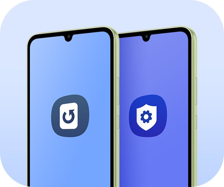 Dwa Galaxy A34 5G w kolorze limonkowym stoją obok siebie. Na ekranie pierwszego urządzenia znajduje się ikona OS Update. Na ekranie drugiego urządzenia widnieje ikona Knox Advanced Setting.