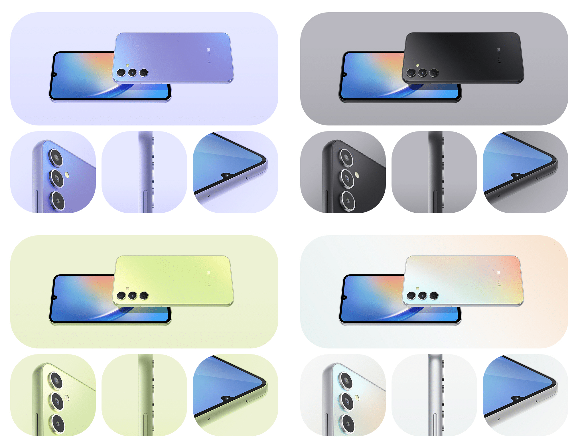 Na zdjęciach pokazano design Galaxy A34 5G. Pokazano przód i tył, a także zbliżenia na system multi obiektywów z tyłu, na bok oraz przedni aparat.