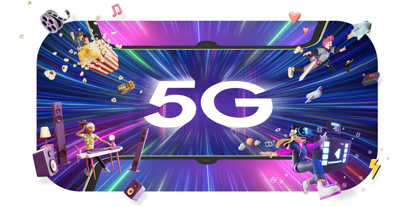 Pomiędzy dwoma Galaxy A34 5G na górze i na dole pokazane jest 5G. Do środka bardzo szybko zasysane są różne animacje, które przedstawiają dynamiczne obiekty i czynności, w tym DJ-ing, VR, oglądanie filmów i inne. 