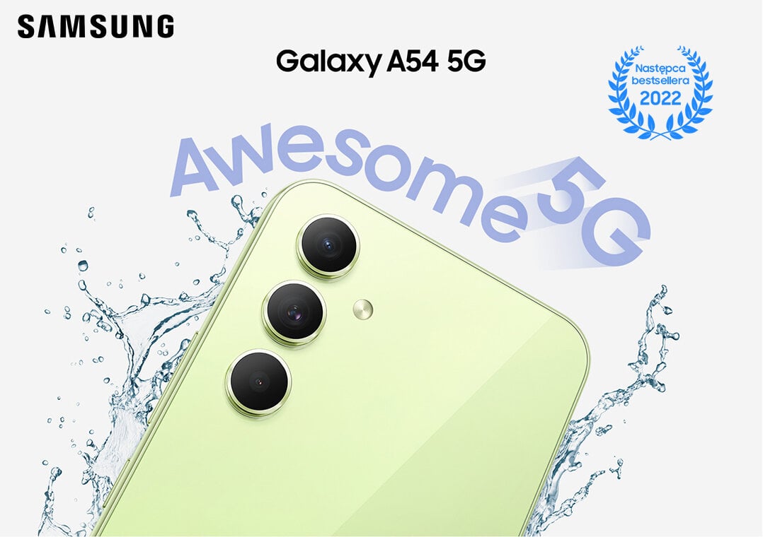 Górna połowa tyłu Galaxy A54 5G w kolorze limonkowym została pokazana z rozpryskującymi się wokół niej kroplami wody. 