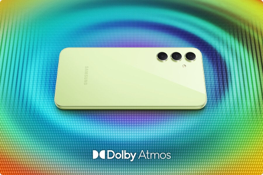 Galaxy A54 5G pokazany tyłem,  z telefonu emitowane są koncentryczne fale w dynamicznych kolorach. Na dole widoczne jest logo Dolby Atmos.