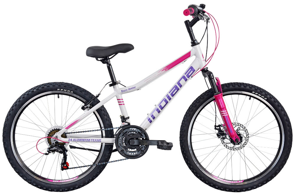 Rower młodzieżowy INDIANA Roxy Jr 24 cale dla dziewczynki Biało-różowy rower młodzieżowy typu górskiego MTB do jazdy po ścieżkach rowerowych na wypady poza miasto sprawdzone rozwiązania ułatwiające obsługę roweru zwiększające bezpieczeństwo dziecka dla dziewczynek w wieku do 7 do 12 lat