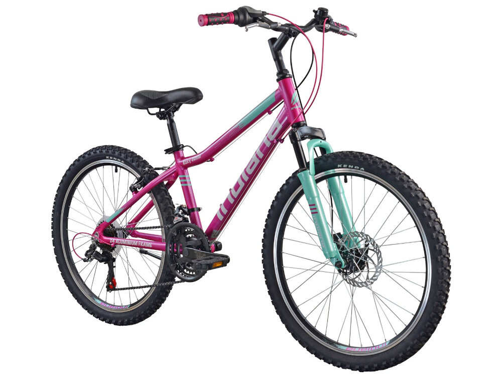 Rower młodzieżowy INDIANA Roxy Jr 24 cale dla dziewczynki Różowo-miętowy rower młodzieżowy typu górskiego MTB do jazdy po ścieżkach rowerowych na wypady poza miasto sprawdzone rozwiązania ułatwiające obsługę roweru zwiększające bezpieczeństwo dziecka dla dziewczynek w wieku do 7 do 12 lat