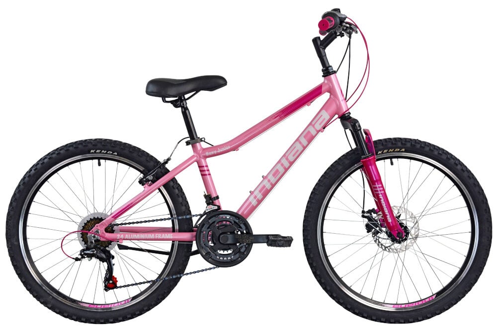 Rower młodzieżowy INDIANA Roxy Jr 24 cale dla dziewczynki Różowy rower młodzieżowy typu górskiego MTB do jazdy po ścieżkach rowerowych na wypady poza miasto sprawdzone rozwiązania ułatwiające obsługę roweru zwiększające bezpieczeństwo dziecka dla dziewczynek w wieku do 7 do 12 lat