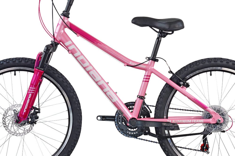 Rower młodzieżowy INDIANA Roxy Jr 24 cale dla dziewczynki Różowy rama zaprojektowana z myślą o najmłodszych rowerzystach 13-calowa aluminiowa rower jest lżejszy jazda bardziej płynna dostosowana do najmłodszych geometria roweru ułatwia wsiadanie zsiadanie łatwiejsze manewrowanie wybór rozmiaru ramy wzrost Twojego dziecka mierzony w zrelaksowanej pozycji typ roweru