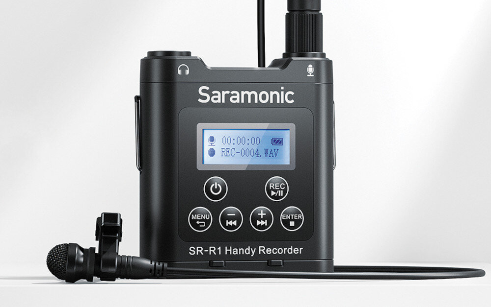 Rejestrator dźwięku SARAMONIC SR-R1 obsługa ekran przyciski odsłuch odtwarzanie