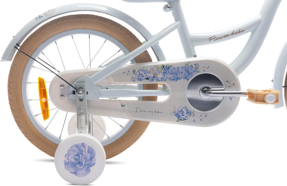 Rower dziecięcy SUN BABY Flower 14 cali dla dziewczynki Niebieski koła 14-calowe aluminiowe obręcze boczne kółka asekurują dziecko w początkowej fazie nauki łańcuch roweru bezpiecznie ukryty kwiatowa osłona błotniki regularne sprawdzanie ciśnienia powietrza wartość na bocznej części opony