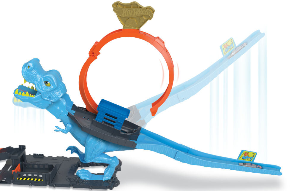 Tor Hot Wheels City Pętla T-Rexa HKX42 imponująca pętla wysokość 22,5 cm wyrzutnia wystrzelenie z pełną prędkością dynamiczna trasa ćwiczenie precyzji i zręczności pętla dreszcz emocji trasa pełna wyzwań 