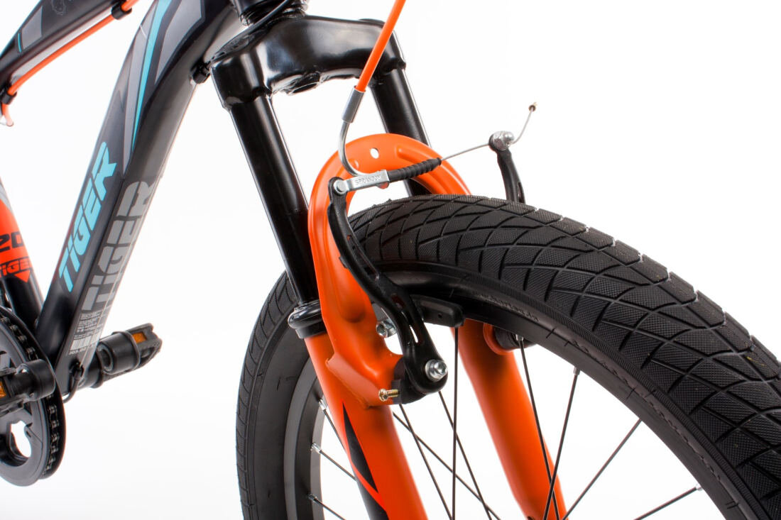 Rower dziecięcy SUN BABY Tiger Bike 20 cali dla chlopca Czarno pomaranczowo turkusowy hamulce tylny i przedni typu V-Brake szybki czas reakcji bezawaryjne