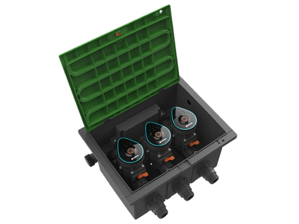 Skrzynka na zawory GARDENA 1286-20 integralny element ogrodowego systemu nawadniającego sterowany za pośrednictwem interfejsu Bluetooth pojemna bateria w pełni zautomatyzowany sprzęt