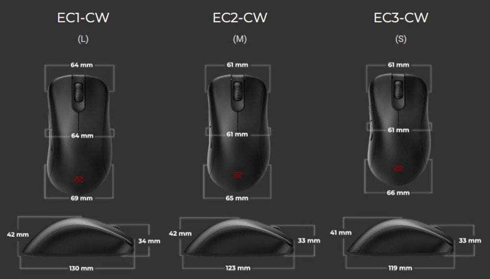 Mysz ZOWIE EC2-CW wymiary rozmiar dostosowanie