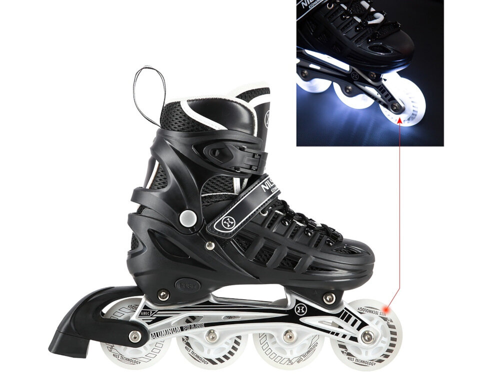 Łyżworolki NILS EXTREME NH10905 NA11010 (rozmiar 35-38) Czarny miękkie kółka twardość 82A średnica 64 mm  bardzo dobra przyczepność do podłoża tłumią drgania łożyska ABEC-7 podswietlenie