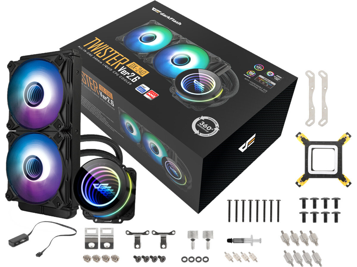 Chłodzenie wodne DARKFLASH Twister DX-240 V2.6 ARGB opakowanie zawartość zestaw akcesoria