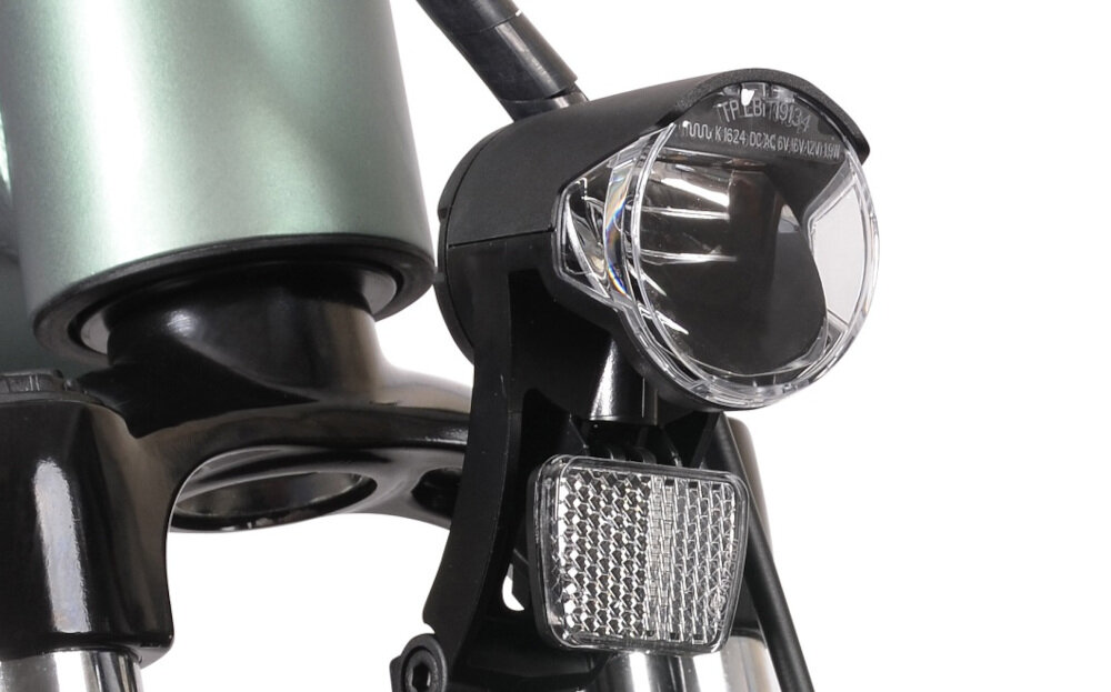 Rower elektryczny ATALA B-Tour A4.1 D18 28 cali damski Antracytowo-zielony oświetlenie roweru przednie tylne oświetlenie LED doskonała widoczność bezpieczeństwo na drodze światła zasilane z akumulatora wymagane przez prawo drogowe