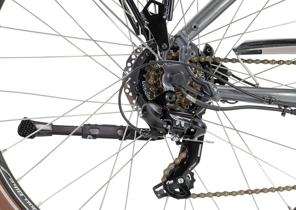 Rower elektryczny LOMBARDO Trastevere U17 28 cali Szaro-czarny manetki SHIMANO SL-M315 7 biegów przerzutka tylna SHIMANO Tourney do rekreacyjnej jazdy na rowerze na niewymagającej nawierzchni duża wytrzymałość sprawne działanie