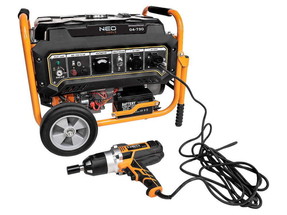 Agregat prądotwórczy NEO TOOLS 04-730 do zasilania elektronarzedzie niezawodnosc stabilnosc mocy w sytuacjach kryzysowych zasilacz awaryjny podlaczenie podstawowych urzadzen w domu wygodny bezpieczny komfortoy