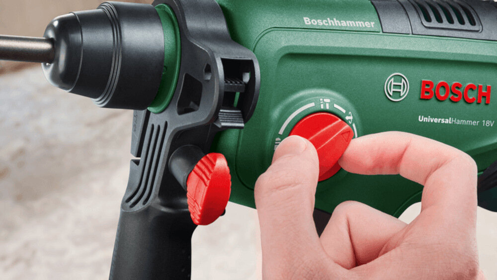 Młot udarowo-obrotowy BOSCH UniversalHammer 18V 06039D6000 wydajność przełącznik funkcji wszechstronne zastosowanie wiercenie z udarem pneumatycznym wiercenie bez udaru wiercenia w drewnie dłutowanie do pracy w betonie cegle murze w drewnie w stali