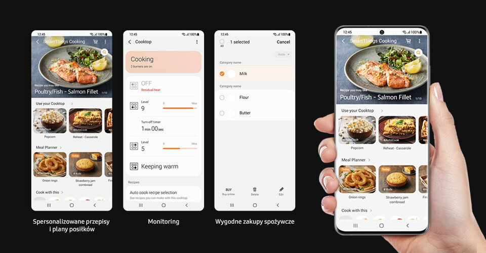 Działanie aplikacji SmartThings Cooking przedstawione za pomocą zrzutów