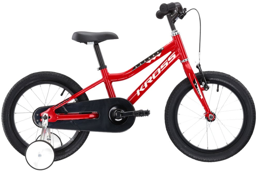 Rower dziecięcy KROSS Racer 4.0 16 cali dla chłopca Czerwono-biało-czarny czerwony kolor z białymi i czarnymi akcentami nowoczesny kształt