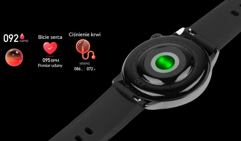 Smartwatch MAXCOM FW58 Vanad Pro wyświetlacz dopasowanie tarcza zdrowie saturacja krwi ciśnienie krwi sen monitoring oddech cykl menstruacyjny powiadomienia wiadomości alarmy jakość tryby sportowe długa praca