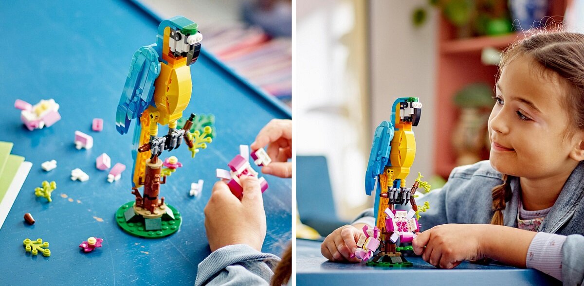 LEGO CREATOR 3w1 Egzotyczna papuga 31136 dziecko kreatywność zabawa nauka rozwój klocki figurki minifigurki jakość tradycja konstrukcja nauka wyobraźnia role jakość bezpieczeństwo wyobraźnia budowanie pasja hobby funkcje instrukcja aplikacja LEGO Builder Ruchoma papuga pływająca ryba żaba
