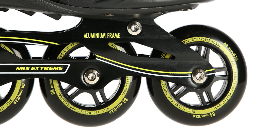 Łyżworolki NILS EXTREME NA9157 rozmiar 45 Czarno-żółty kolka miekkie z materialu PU twardosc 82A srednica 84 mm grubosc 24 mm dobra przyczenosc tlumia drgania lozyska ABEC-9 Chrome