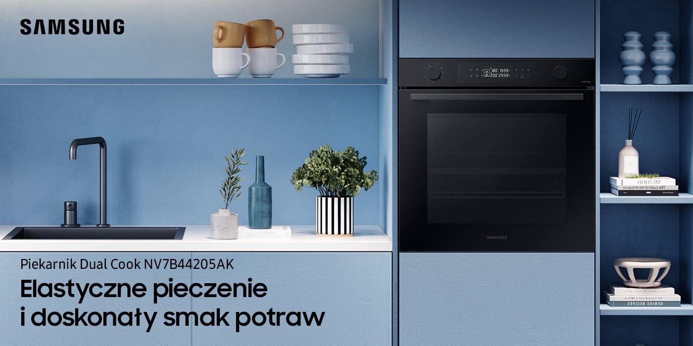 Piekarnik Samsung Dual Cook NV7B44205AK zdjęcie w błękitnej zabudowie kuchennej