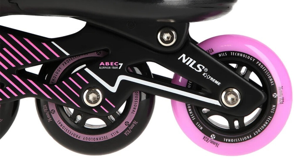 Łyżworolki NILS EXTREME NA1169A (rozmiar 35-38) miekkie kolka z materialu PU twardosc 82A srednica 72 mm  grubosc 24 mm bardzo dobra przyczepnosc do podloza tlumia drgania lozyska ABEC-7