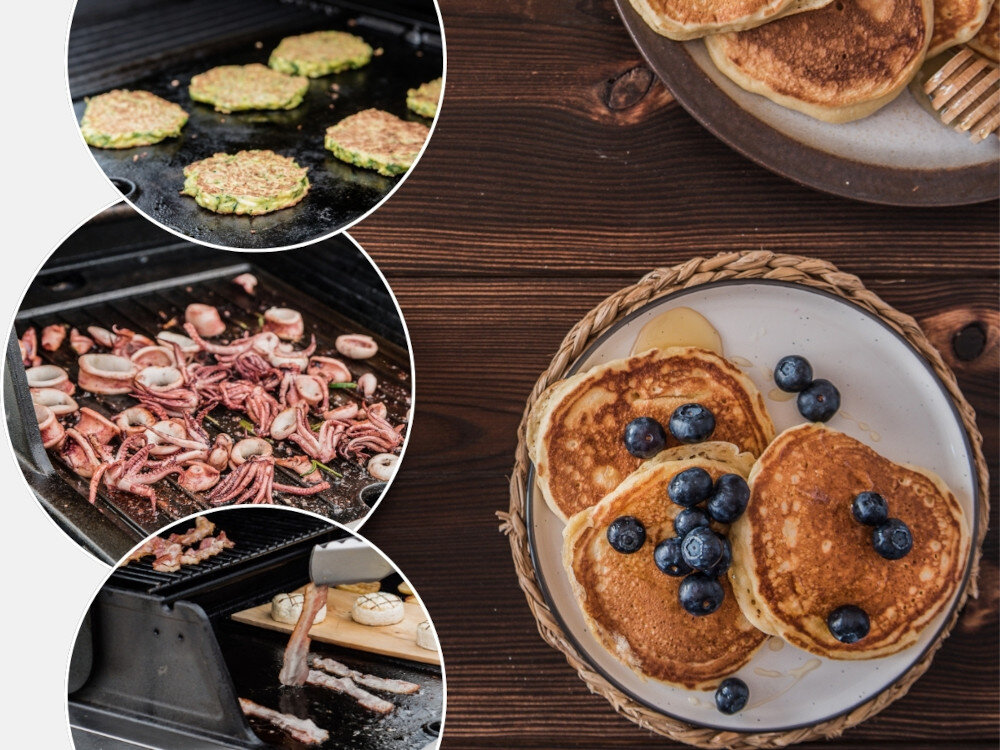 Grill gazowy BROIL KING Signet 390 kolaż zdjęć na zdjęciach pancakes osowce moża na grillu boczek płyta żeliwna smażenie bez ryzyka przypalenia utraty soczystości wypadnięcia jedzenia pomiędzy żeberka rusztu