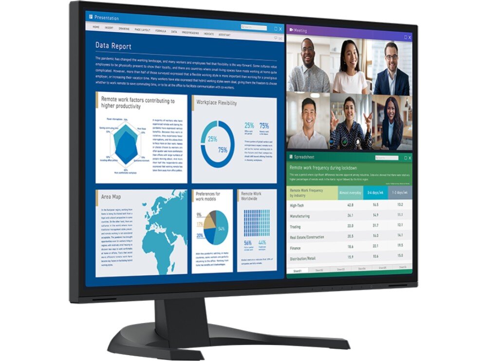 Monitor EIZO FlexScan EV2740X-BK Monitor z otwartymi aplikacjami biurowymi: po lewej stronie wykresy i dane z raportu, po prawej górze wideokonferencja z sześcioma osobami, a na dole arkusz kalkulacyjny z danymi liczbowymi, opis