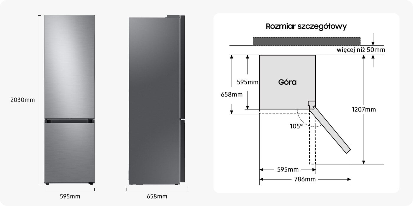 Szczegółowe rozmiary lodówki Samsung RB38C7B5DS9 z dolnym zamrażalnikiem, która została pokazana od góry, z frontu i z boku