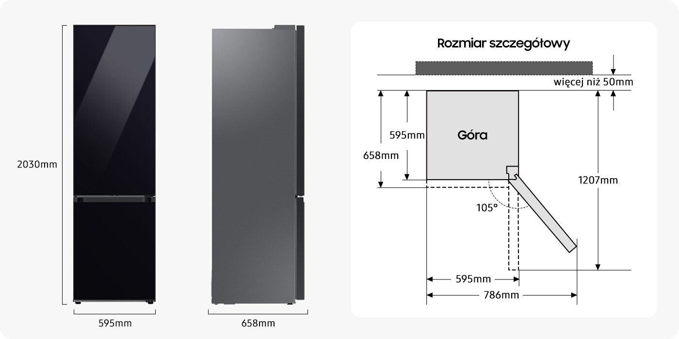 Przed zakupami w Media Expert sprawdź na zdjęciu, jakie wymiary ma lodówka Samsung RB38C7B6D22