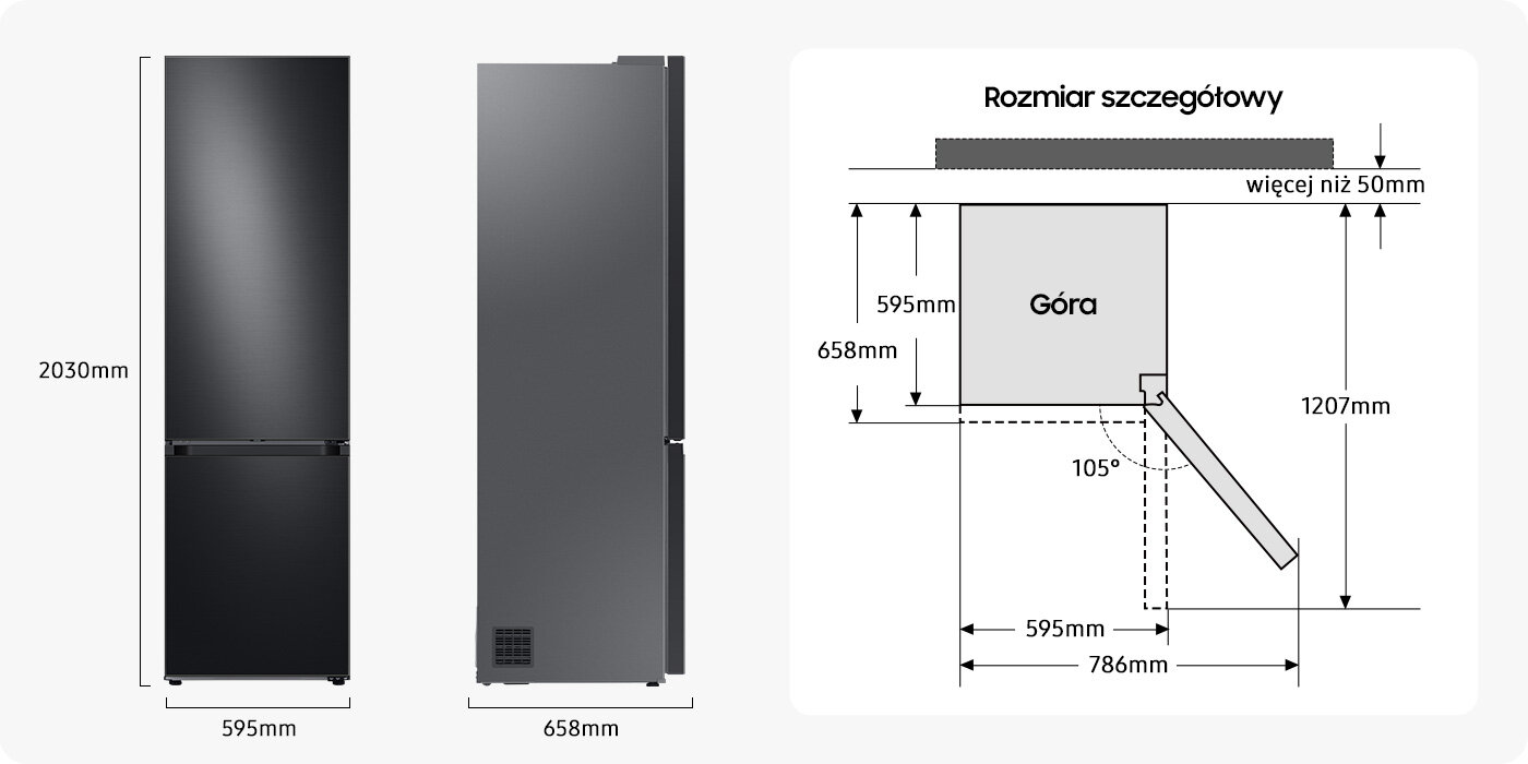 Schemat z rozmiarami lodówki z dolnym zamrażalnikiem Samsung RB38C7B6AB1, która dostępna jest w ofercie Media Expert