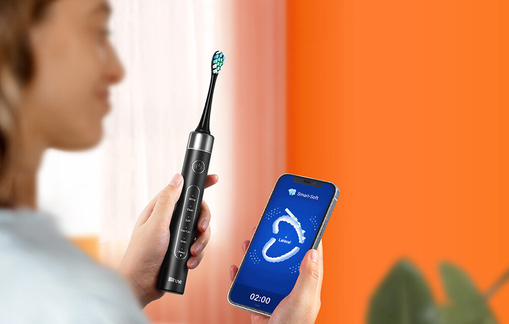 Szczoteczka soniczna BITVAE S2+HD2 Czarny aplikacja Android IOS dodatkowe funkcje informacja o stanie zdrowia jamy ustnej wskazówki w czasie rzeczywistym sprawdzanie poziomu naładowania mozliwość sparowania kilku szczoteczek codzienna rutyna pielęgancyjna 