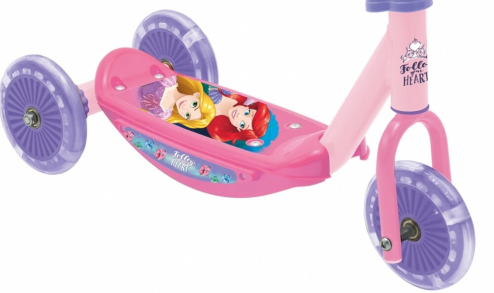 Hulajnoga dla dzieci DISNEY Princess podest szeroki z wysokiej jakosci metalu powloka antyposlizgowa kolorowa grafika Roszpunki i Arielki z bajek DISNEYa dla dzieci w wieku od 2 roku zycia maksymalna waga do 20 kg