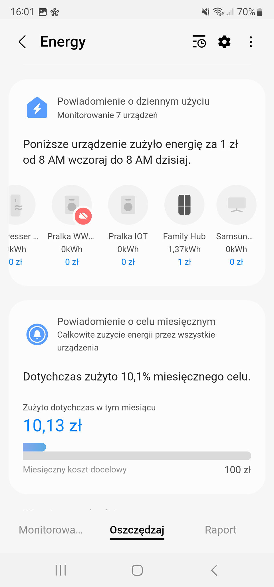 Screen z aplikacji SmartThings przedstawia powiadomienie o dziennym zużyciu energii