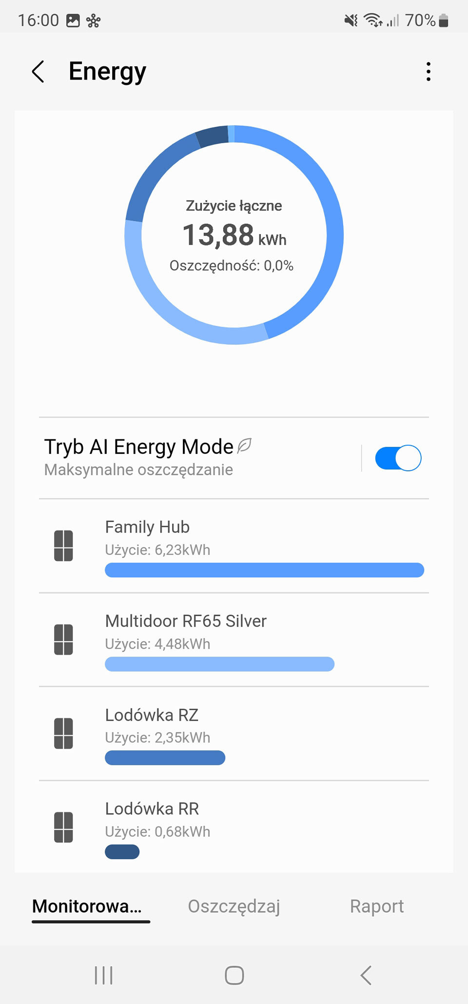 Screen z aplikacji SmartThings pokazuje, które z Twoich urządzeń zużywa najwięcej prądu
