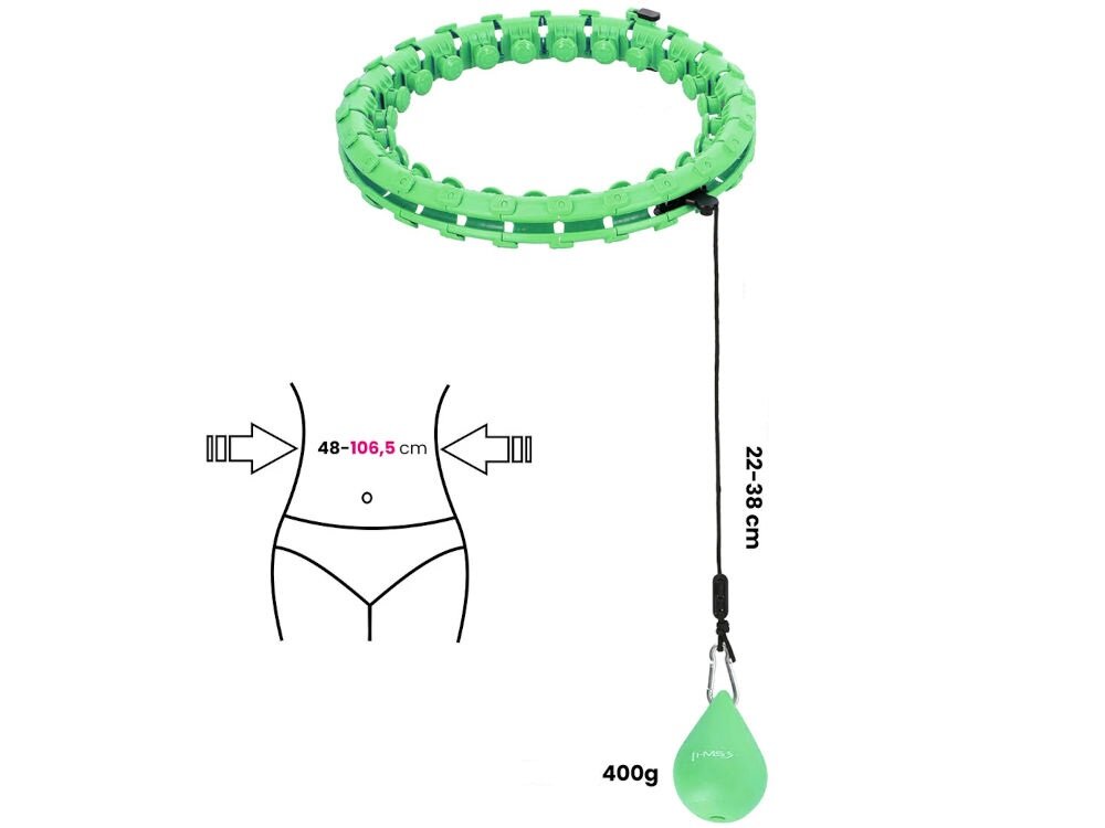 Hula hop HMS HHW01 Zielony + Pas BR163 dostosowanie się do indywidualnych potrzeb 24 modułowe elementy regulacja obwodu od 48 do 106,5 cm dla osób o różnych wymiarach regulacja długości paska od 22 do 38 cm zwiększenie poziomu trudności treningu 