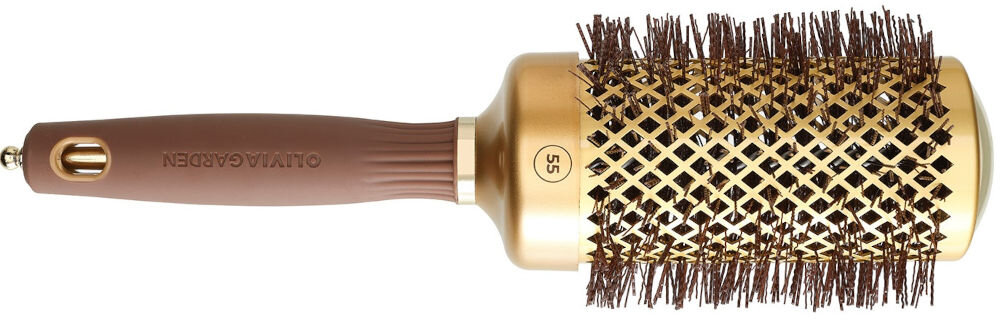 Szczotka do włosów OLIVIA GARDEN Expert Blowout Shine 55 szczotka leży bokiem złota głowica otwory włosie brązowy uchwyt złote elementy białe tło optymalny przepływ powietrza skrócenie czasu suszenia i modelowania Duże otwory w korpusie optymalna cyrkulacja ciepła zdrowie i piękno włosów 