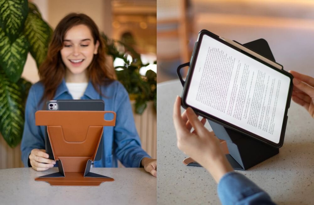 Etui na iPad Pro UNIQ Ryze 360 etui w rekach kobiety, tablet, wielofunkcyjnosc, orientacja, obrotowy dysk, podstawka etui w rekach kobiety