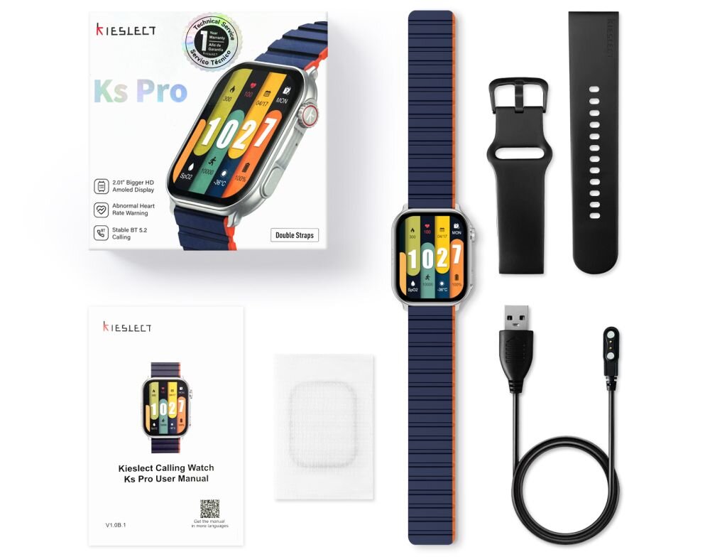 Smartwatch KIESLECT KS Pro   ekran bateria czujniki zdrowie sport pasek ładowanie pojemność rozdzielczość łączność sterowanie krew puls rozmowy smartfon aplikacja 